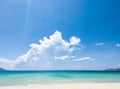 Beautiful blue beach panoramic sea view, with clean Azure water, blue sky, white clouds. Idyllic cloudscape Royalty Free Stock Photo