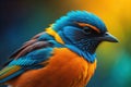 Beautiful blue bird on a branch in the rays of the setting sun. ai generative