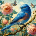 The beautiful blue birds with rose bush, on summer day, in van gogh painting, animal art Royalty Free Stock Photo