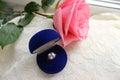 Beautiful blue box with wedding ring.White shoes. wedding shoes. Bride`s high heels. The fees of the bride. Wedding jewelry.