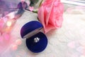 Beautiful blue box with wedding ring.White shoes. wedding shoes. Bride`s high heels. The fees of the bride. Wedding jewelry.