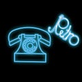 Beautiful blue bright glowing abstract neon icon, signboard of old retro vintage phone from 60s, 70s, 80s, 90s and copy space r Royalty Free Stock Photo