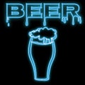 Beautiful blue bright glowing abstract neon sign for a bar with crafting beer glass with a holon delicious heady with foam