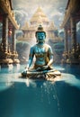 beautiful blue Buddha statue in gold wearings in Samadhi against mountain temple and ocean water. Digital artwork Royalty Free Stock Photo