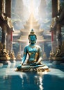 beautiful blue Budda statue in gold wearings in Samadhi against mountain temple and ocean water. religion concept. Digital artwork