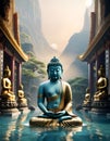 beautiful blue Buddha statue in gold wearings in Samadhi against mountains and ocean water. religion concept. Digital artwork. Ai