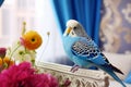 Beautiful blue budgerigar with flowers on sofa in room