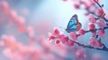 Beautiful blue butterfly in flight over branch of flowering apricot tree in spring
