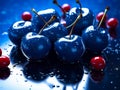 Beautiful blue cherries, wet, reflective surface, glossy, appetizing, dynamic composition.