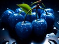 Beautiful blue cherries, wet, reflective surface, glossy, appetizing, dynamic composition.