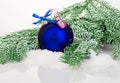 Beautiful blue Christmas ball on frosty fir tree. Royalty Free Stock Photo