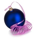 Beautiful blue Christmas ball with pink ribbon close-up isolated on a white background. Royalty Free Stock Photo