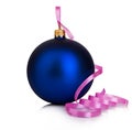 Beautiful blue Christmas ball with pink ribbon close-up isolated on a white background. Royalty Free Stock Photo