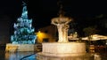 Beautiful blue christmas tree and fountain in Piazza del GesÃÂ¹ of Viterbo, Lazio