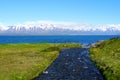 The view of a beautiful blue creek overlooking partially covered snowy mountain and the fjord in the summer near Hofn, Iceland