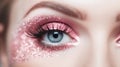 Beautiful blue eye with trendy pink glitter makeup, barbicor style. Part of a woman& x27;s face close-up. Perfect makeup