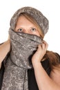 Beautiful blue eyed woman wearing a gray scarf Royalty Free Stock Photo