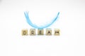 Beautiful blue feather on wooden cubes with the word DREAM against white background