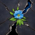 A beautiful blue flower grows from a crack in the asphalt, a symbol of the rebirth of nature,