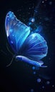 beautiful blue glowing butterfly at black background, colorful light fantasy illustration Royalty Free Stock Photo