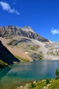 Beautiful blue Hamilton Lake high in the mountains. Rocky mountains, steep shore, pine trees. Royalty Free Stock Photo