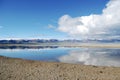 The beautiful blue holy lake clearly reflects the snowy mountains and the sky on the shore