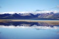 The beautiful blue holy lake clearly reflects the snowy mountains and the sky on the shore