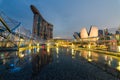 Beautiful blue hour with Singapore Art Science Museum, Marina Bay Sands Hotel and Helix Bridge. Royalty Free Stock Photo