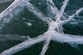 Beautiful ice of Lake Baikal with abstract cracks