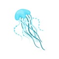 Beautiful blue jellyfish. Sea animal with long tentacles. Marine creature. Flat vector for poster, children book or Royalty Free Stock Photo