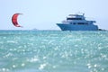 Beautiful blue lagoon. Sea view, water with waves around the boat ship yacht. Red Sea, Egypt, Hurghada. Sea view with white yacht Royalty Free Stock Photo