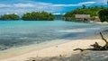 Beautiful Blue Lagoone with some Bamboo Huts, Kordiris Homestay, Palmtree in Front, Gam Island, West Papuan, Raja Ampat