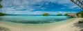 Beautiful Blue Lagoone with some Bamboo Huts, Kordiris Homestay, Palmtree in Front, Gam Island, West Papuan, Raja Ampat