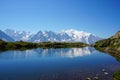 Beautiful blue lake in European alps, with Mont Blanc in the background Royalty Free Stock Photo
