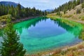 Beautiful blue lake high in the mountains surrounded by forest. Valley of Five Lakes, Jasper, Rocky Mountains. Royalty Free Stock Photo