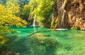 Beautiful blue lake and waterwalls in plitvice national park