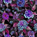 Beautiful blue lantana flowers with purple leaves on black background. Seamless floral pattern. Watercolor painting. Royalty Free Stock Photo