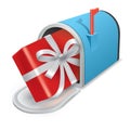 Blue metal open mailbox with gift on white background. Vector icon. Gift delivery.