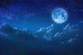 Beautiful Blue Moon Behind Cloudy On Sky And Star At Night. Outdoors At Night. Full Lunar Shine Moonlight Over Cloud At Nighttime
