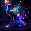 Beautiful blue peacock on a dark background. Fantasy fractal illustration. Generative AI