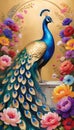 Beautiful blue peacock and flowers