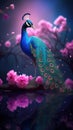 Beautiful blue peacock with a screen on a branch full of pink flowers back ground with many beautiful spectra bright golden water