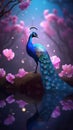 Beautiful blue peacock with a screen on a branch full of pink flowers back ground. Generative AI.