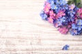 Beautiful blue and pink Forget-me-not flowers on white wooden table, above view. Space for text Royalty Free Stock Photo