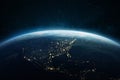 Beautiful blue planet earth with lights of night cities USA, South and North America. View of the night planet from space Royalty Free Stock Photo