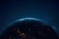 Beautiful blue planet earth with lights in space. Flying over the planet. Royalty Free Stock Photo