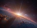 Beautiful blue planet Earth in outer space against the background of stars with sunrise. Amazing sunset from space Royalty Free Stock Photo