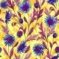 Beautiful blue and purple chrysanthemum flowers with leaves on bright yellow background. Seamless botanical pattern. Royalty Free Stock Photo