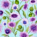 Beautiful blue and purple daisy flowers with green leaves on light blue background. Seamless spring pattern. Watercolor painting. Royalty Free Stock Photo