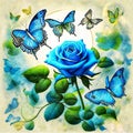 Beautiful blue rose blooming It has natural bright green leaves. Butterflies are flying around.